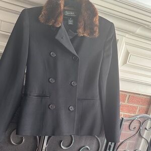 Lauren Ralph Lauren Black Pea Coat with Brown Faux Fur Collar